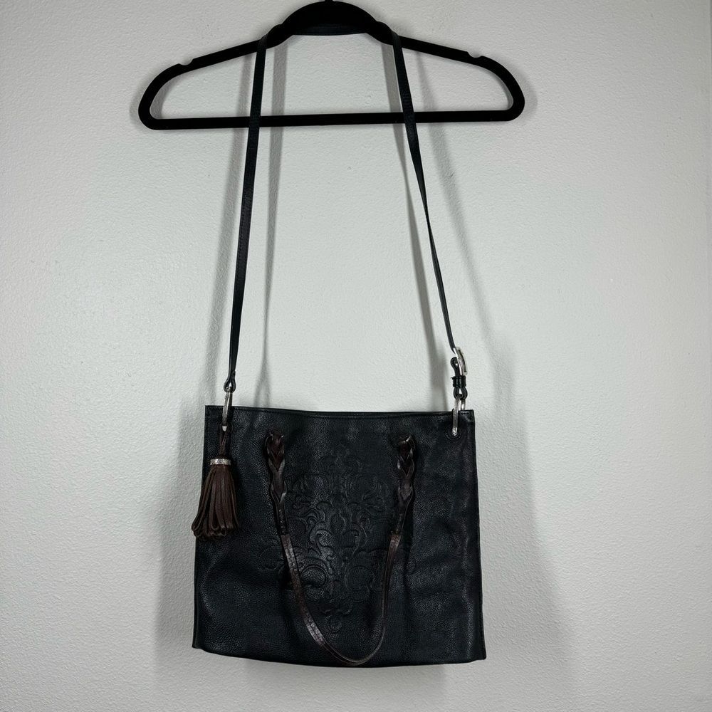 Brighton Black Leather Embossed Shoulder & Cross Body Bag Brown Handles Tassle
